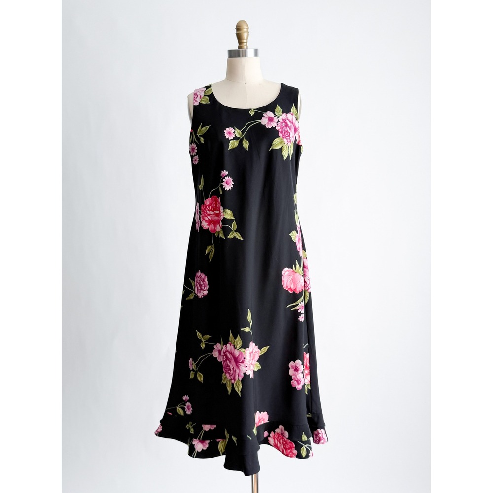 Studio I Floral Midi Dress 90s‎ Style Sleeveless Ruffle Hem 12 Black Pink Rose